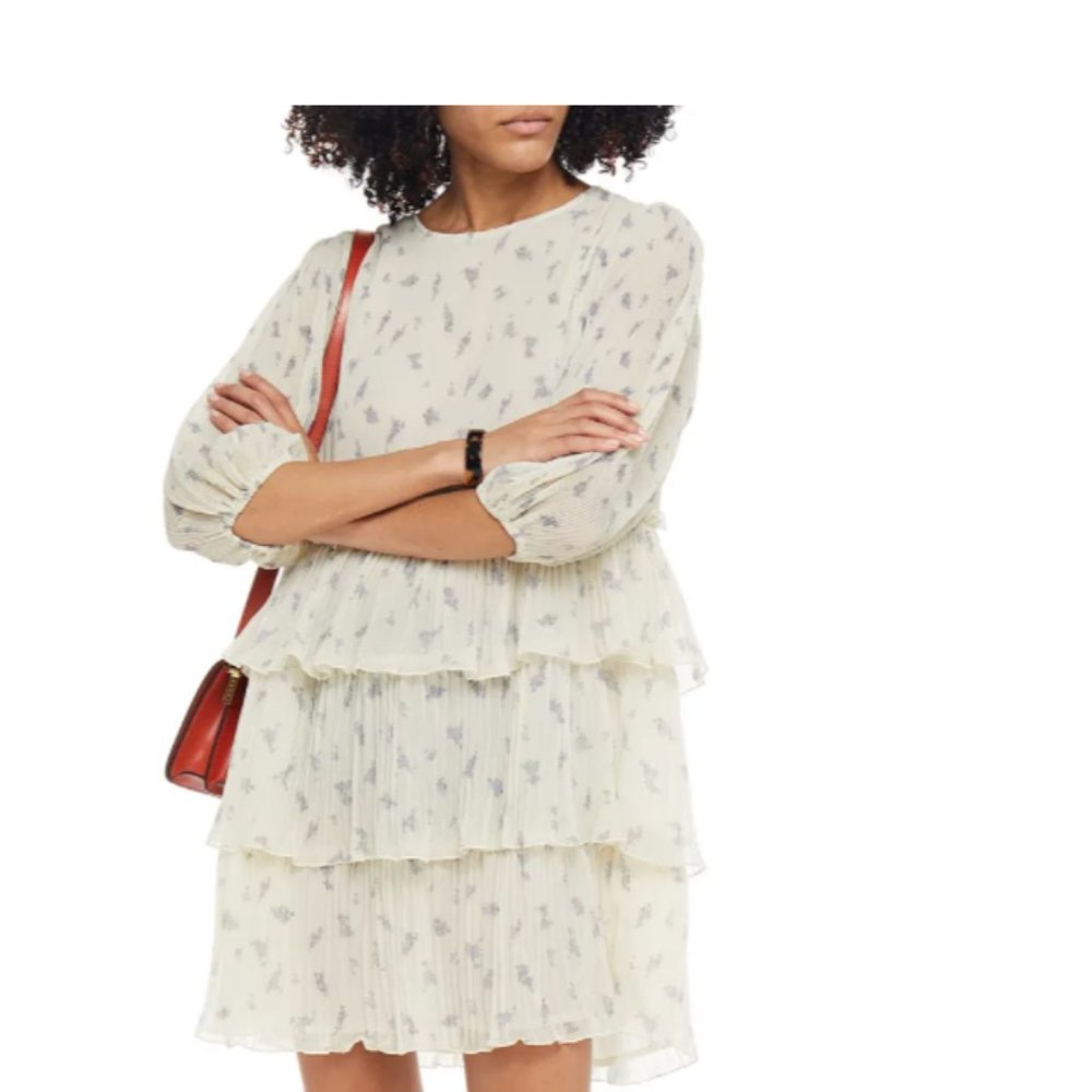 Ganni Tiered floral-print plissé-georgette mini dress NWT
